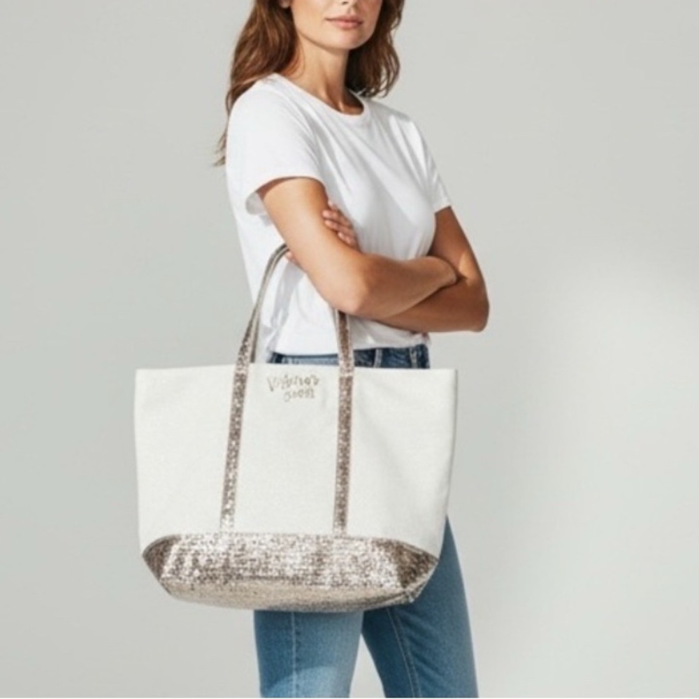 Victoria's Secret Shimmer Glam Sequin Tote
Bag White Gold NWOT